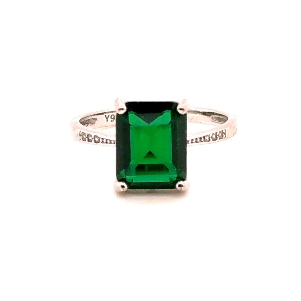 Sterling Silver 925 Emerald Cut Green Stone Ring Size 7